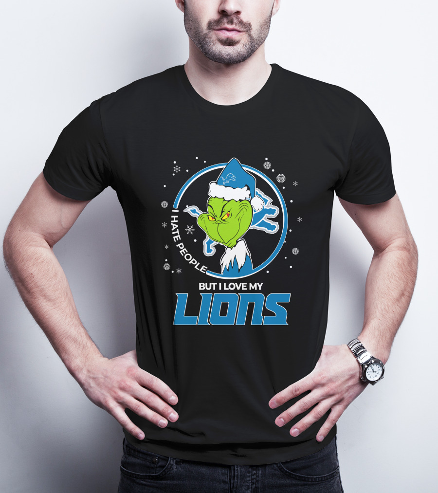 I Hate People But I Love My Detroit Lions Grinch Santa Christmas T-Shirt