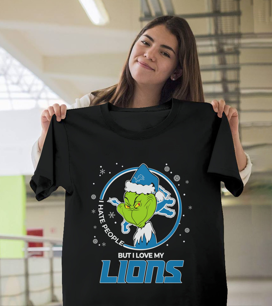 I Hate People But I Love My Detroit Lions Grinch Santa Christmas T-Shirt