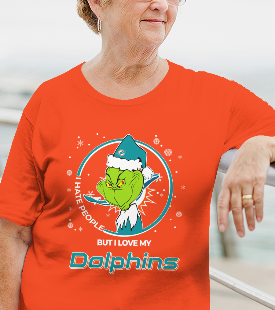 Christmas Grinch Santa I Hate People But I Love My Dolphins Miami Dolphins T-Shirt