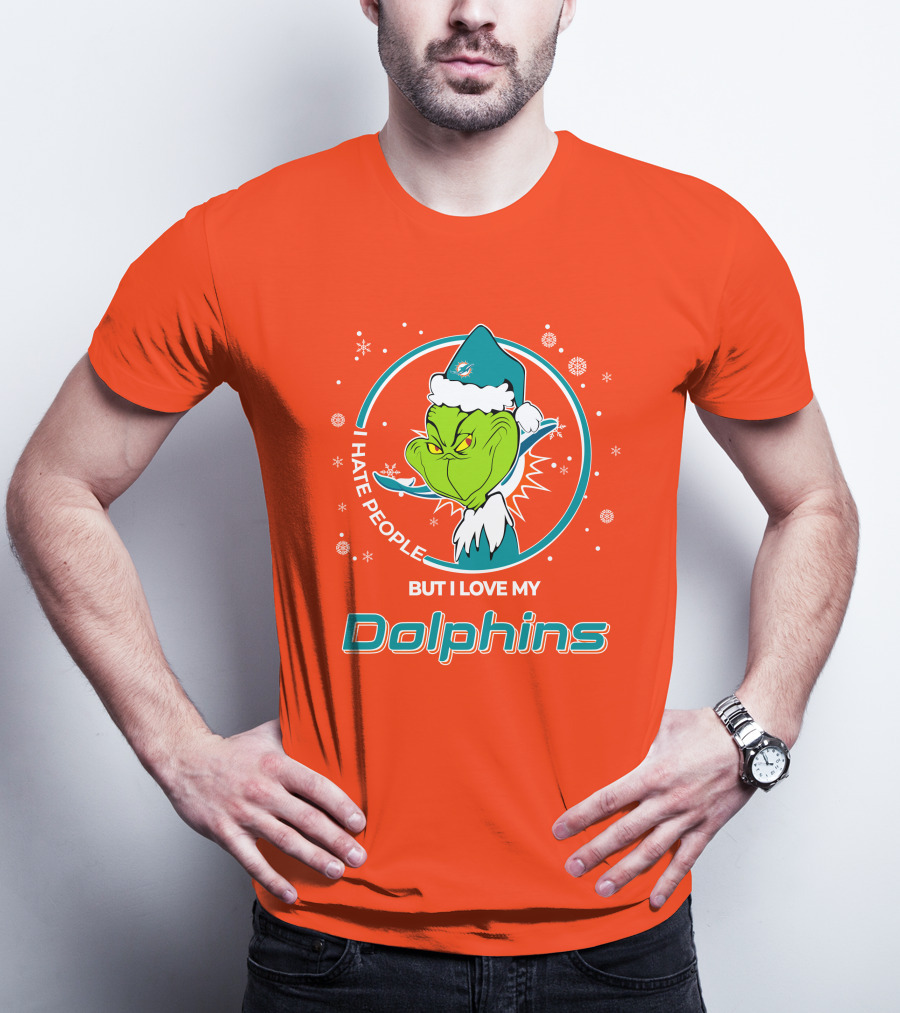 Christmas Grinch Santa I Hate People But I Love My Dolphins Miami Dolphins T-Shirt