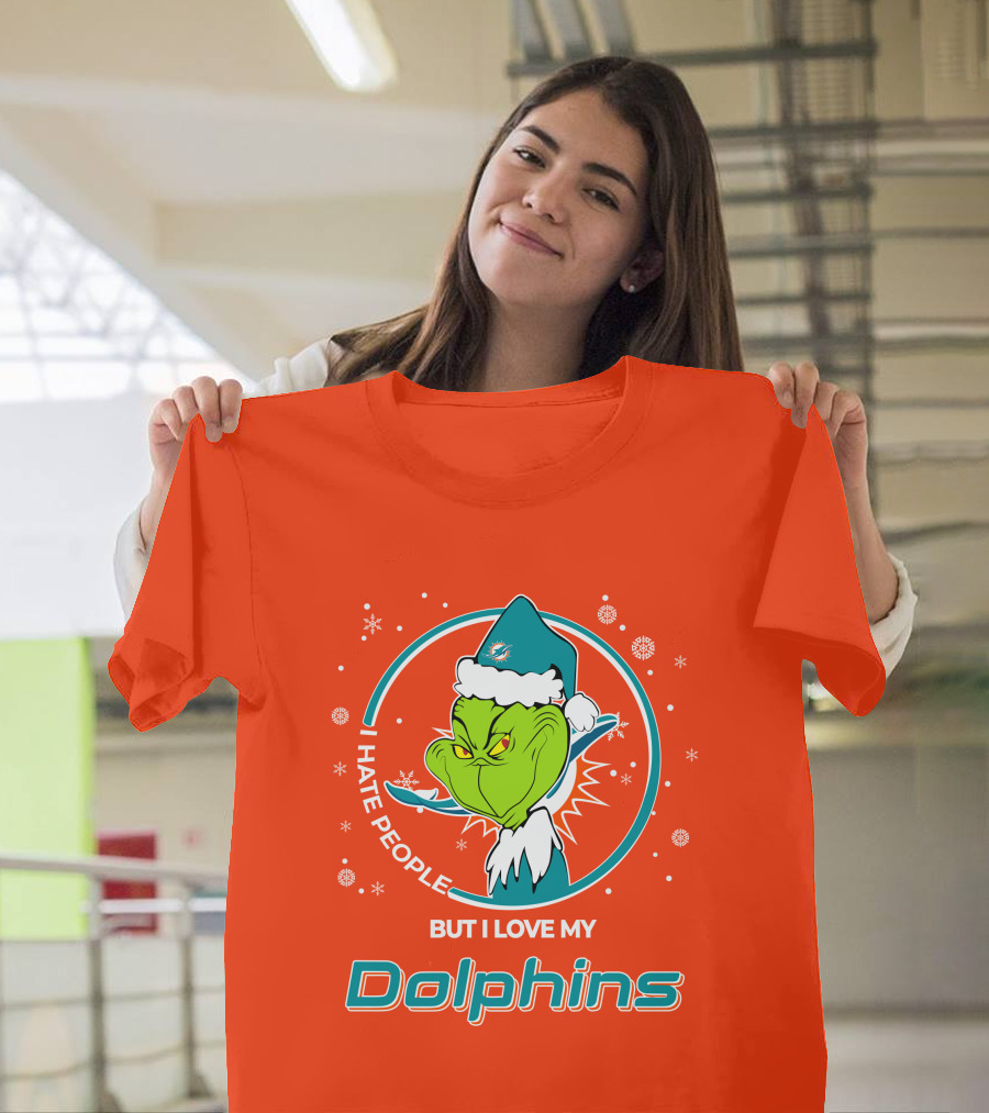 Christmas Grinch Santa I Hate People But I Love My Dolphins Miami Dolphins T-Shirt