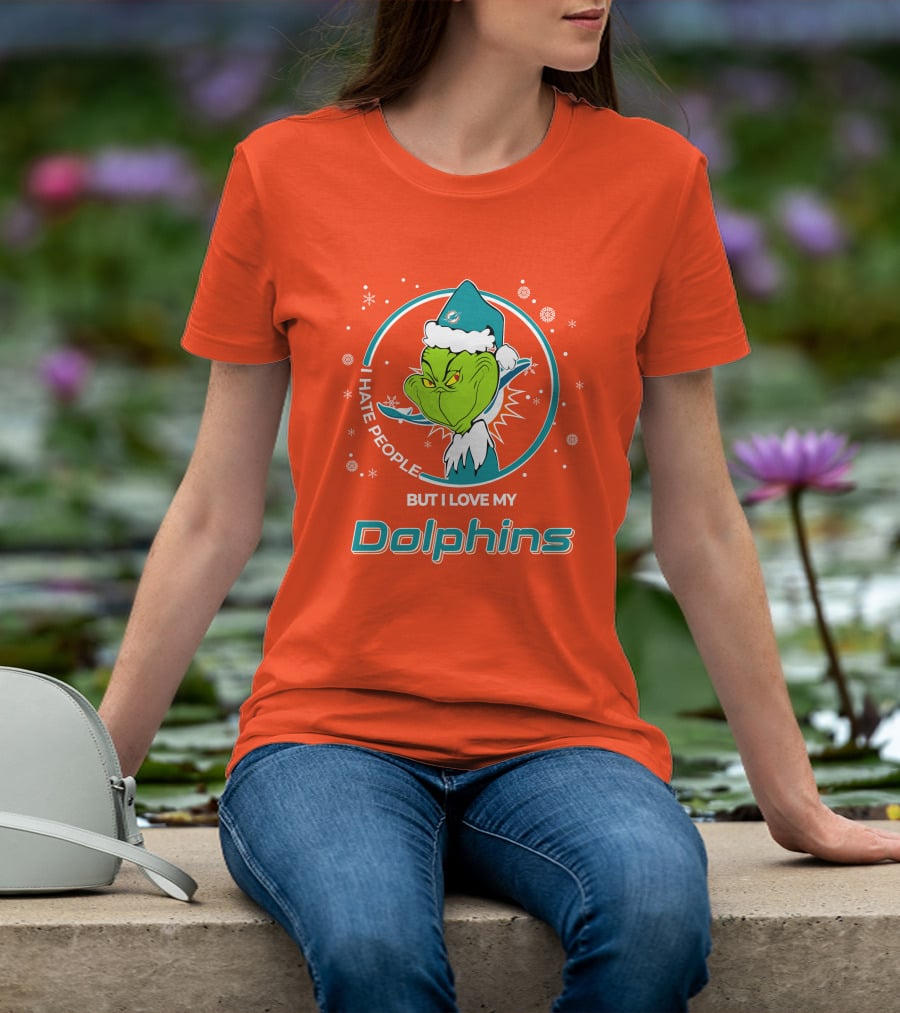 Christmas Grinch Santa I Hate People But I Love My Dolphins Miami Dolphins T-Shirt