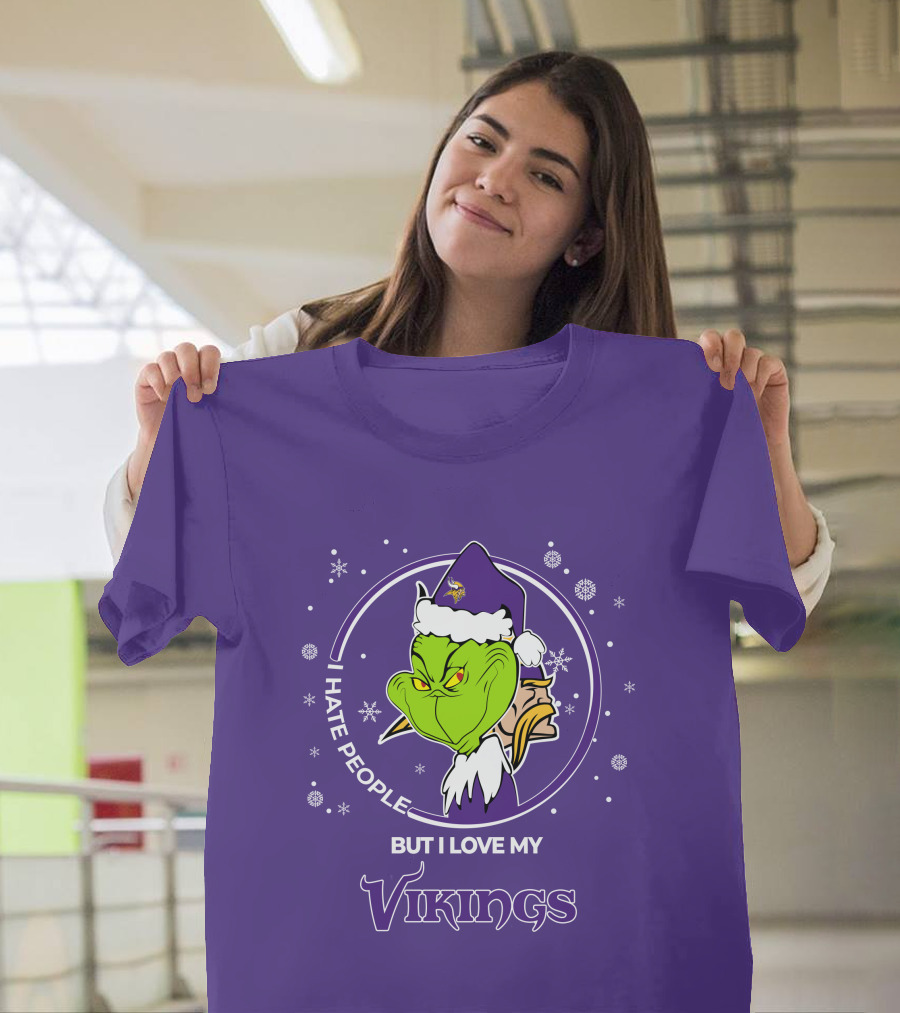 Christmas Grinch Santa I Hate People But I Love My Vikings T-Shirt
