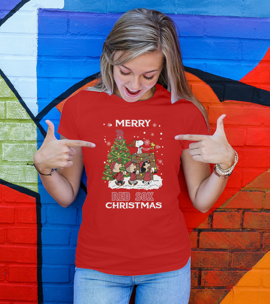 Merry Red Sox Christmas Tree With Snoopy And Friends T-Shirt