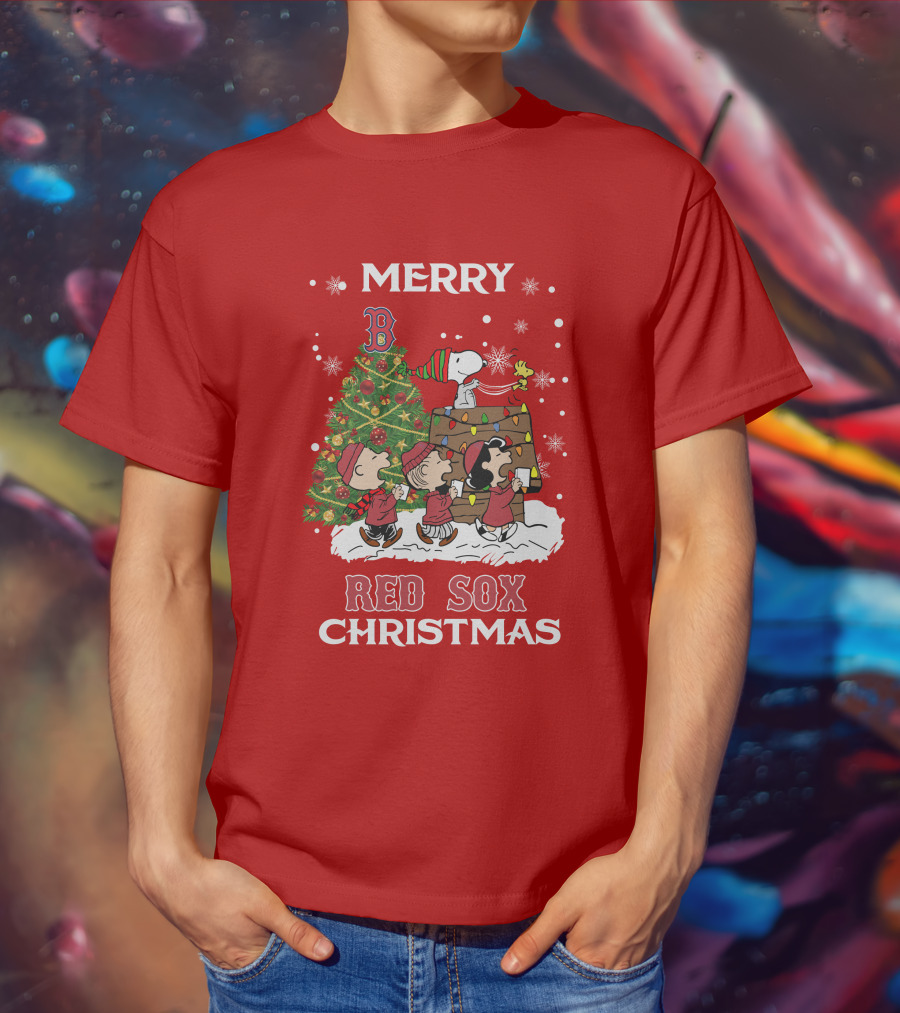 Merry Red Sox Christmas Tree With Snoopy And Friends T-Shirt