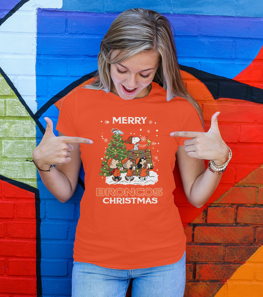 Merry Broncos Christmas Peanuts Tree Theme T-Shirt