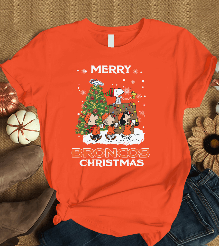 Merry Broncos Christmas Peanuts Tree Theme T-Shirt