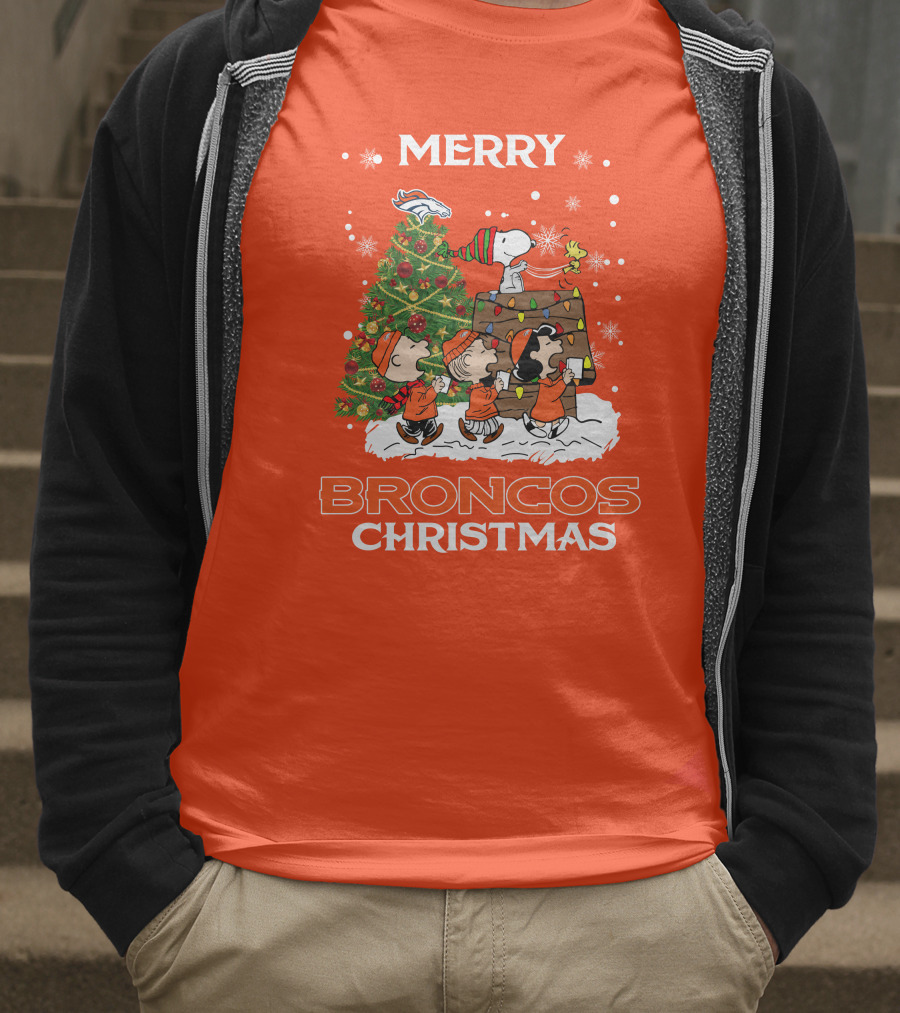 Merry Broncos Christmas Peanuts Tree Theme T-Shirt