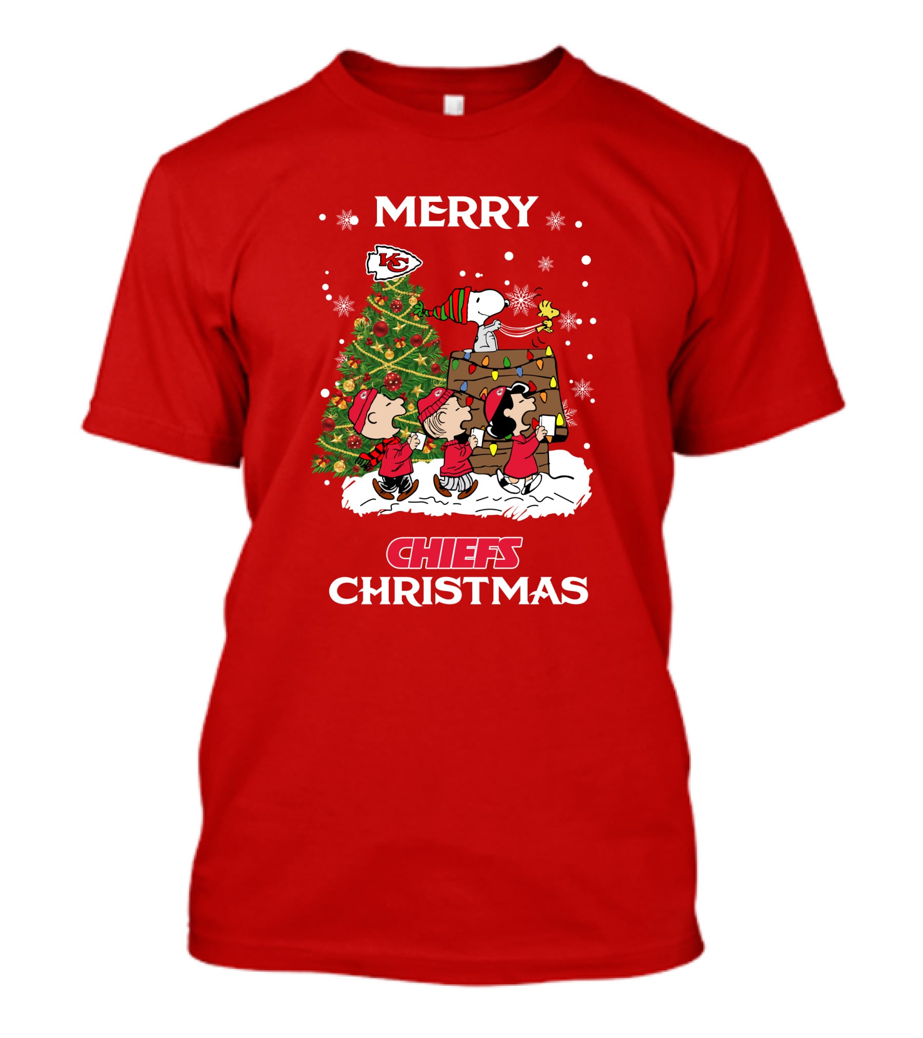 Kansas City Chiefs Merry Christmas Peanuts Tree Celebration T-Shirt