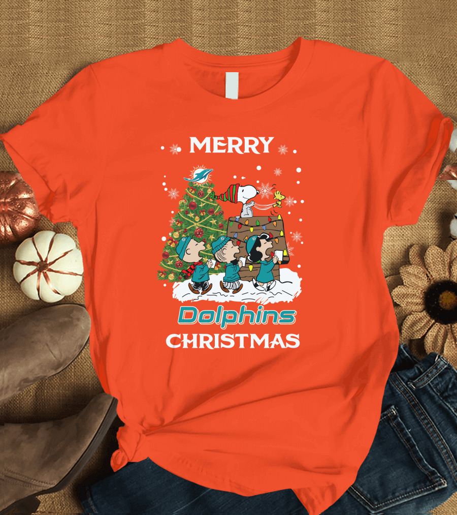 Merry Dolphins Christmas Peanuts Characters With Tree Miami T-Shirt