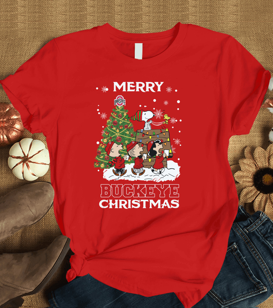Merry Buckeye Christmas Ohio State Peanuts Christmas Tree T-Shirt