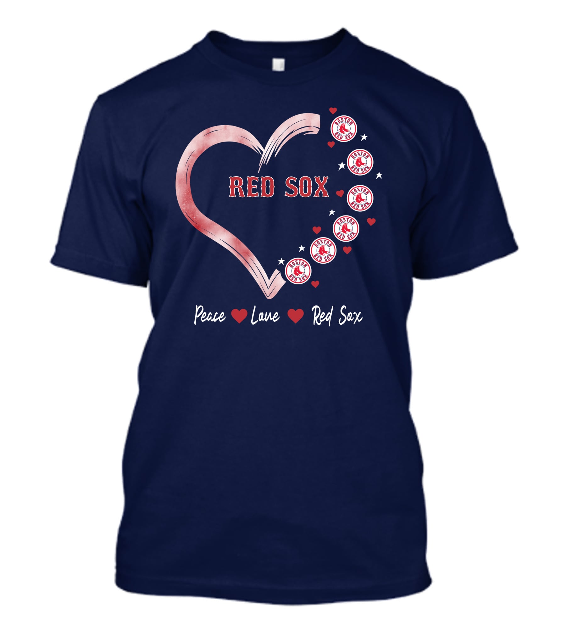 Peace Love Red Sox Heart With Boston Red Sox Logos And Stars T-Shirt