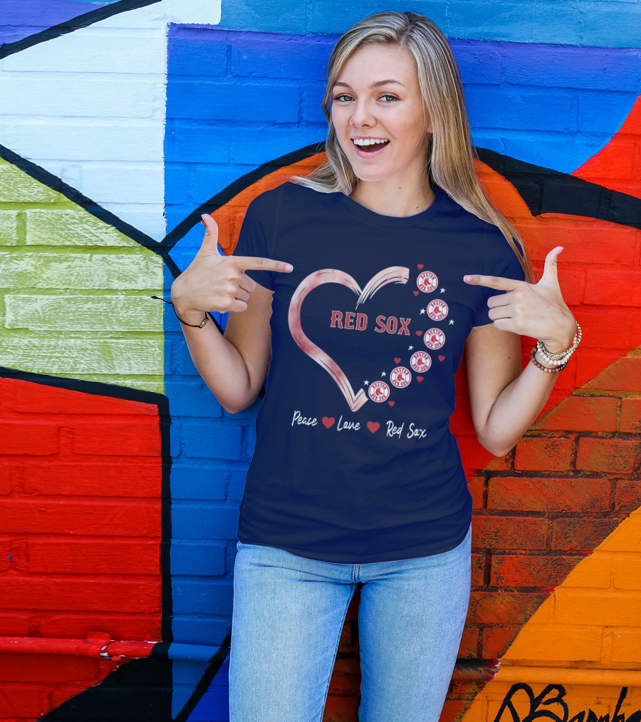 Peace Love Red Sox Heart With Boston Red Sox Logos And Stars T-Shirt