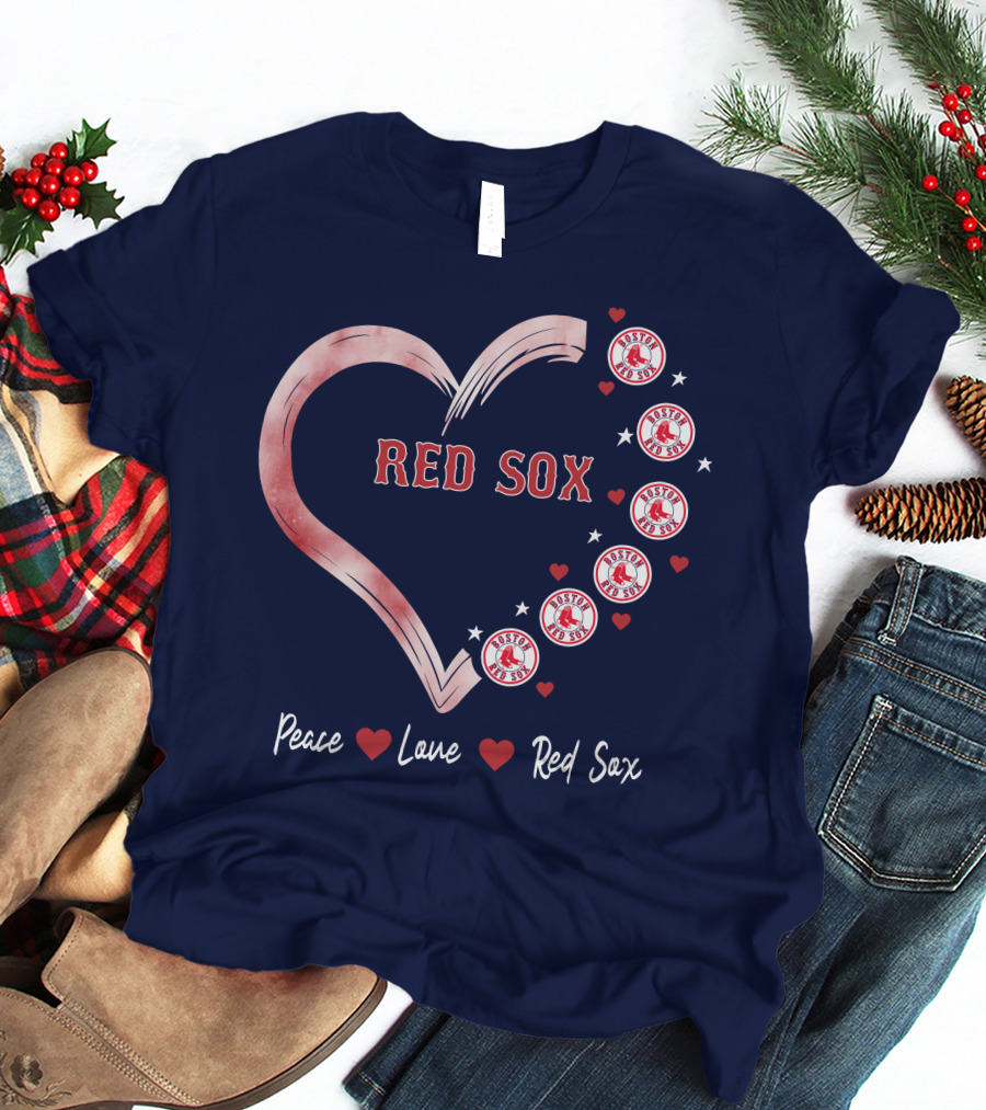 Peace Love Red Sox Heart With Boston Red Sox Logos And Stars T-Shirt