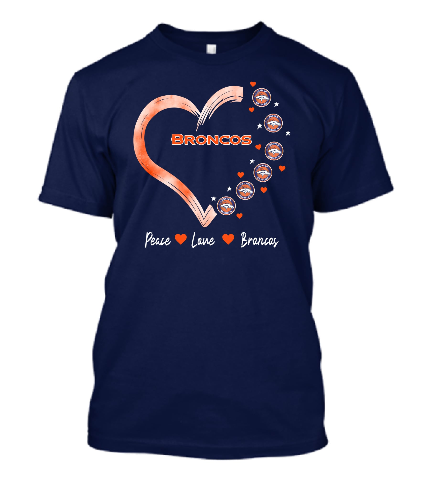 Peace Love Broncos Heart With Denver Broncos Logos And Stars T-Shirt