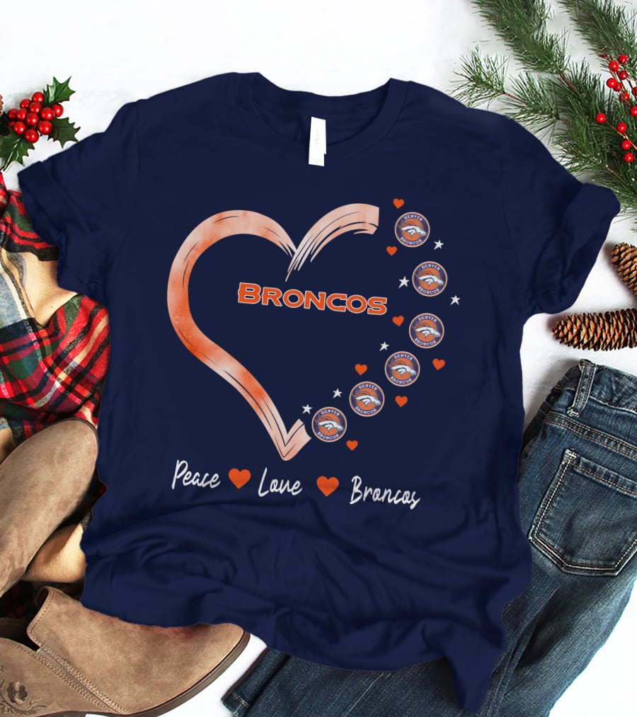 Peace Love Broncos Heart With Denver Broncos Logos And Stars T-Shirt