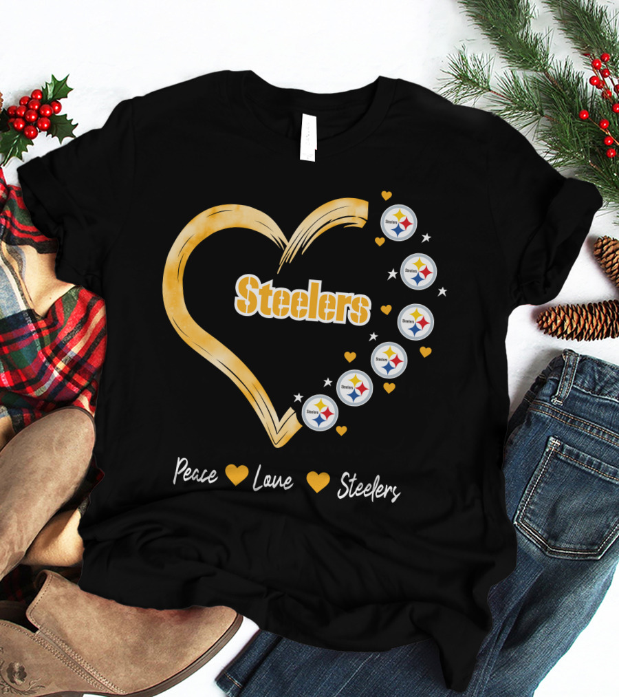 Peace Love Steelers Heart Filled With Pittsburgh Steelers Logos And Stars T-Shirt