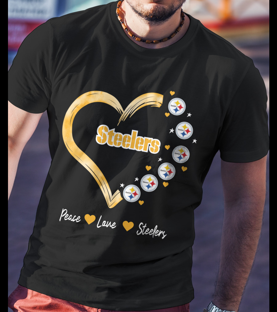 Peace Love Steelers Heart Filled With Pittsburgh Steelers Logos And Stars T-Shirt