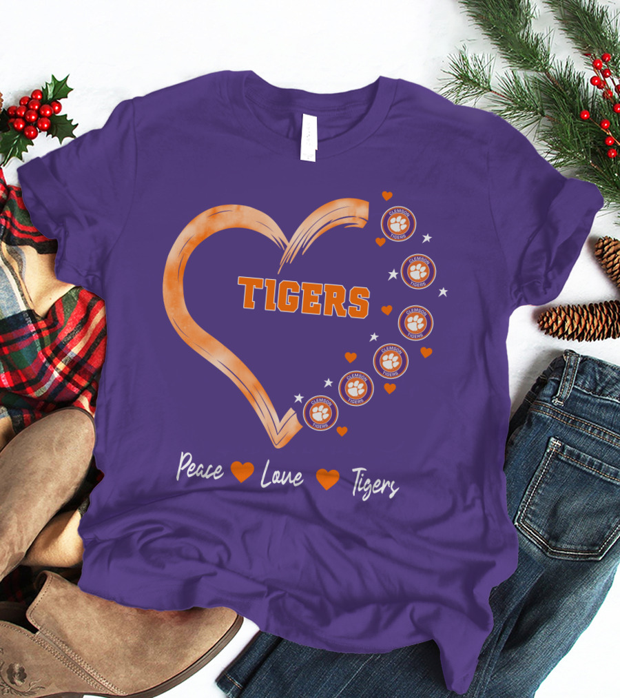 Peace Love Clemson Football Tigers Heart Paw Prints T-Shirt