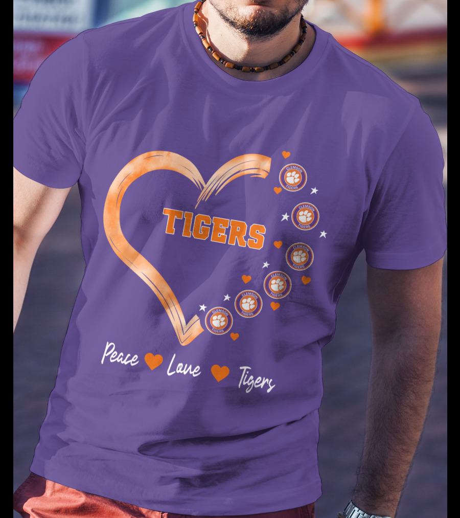 Peace Love Clemson Football Tigers Heart Paw Prints T-Shirt