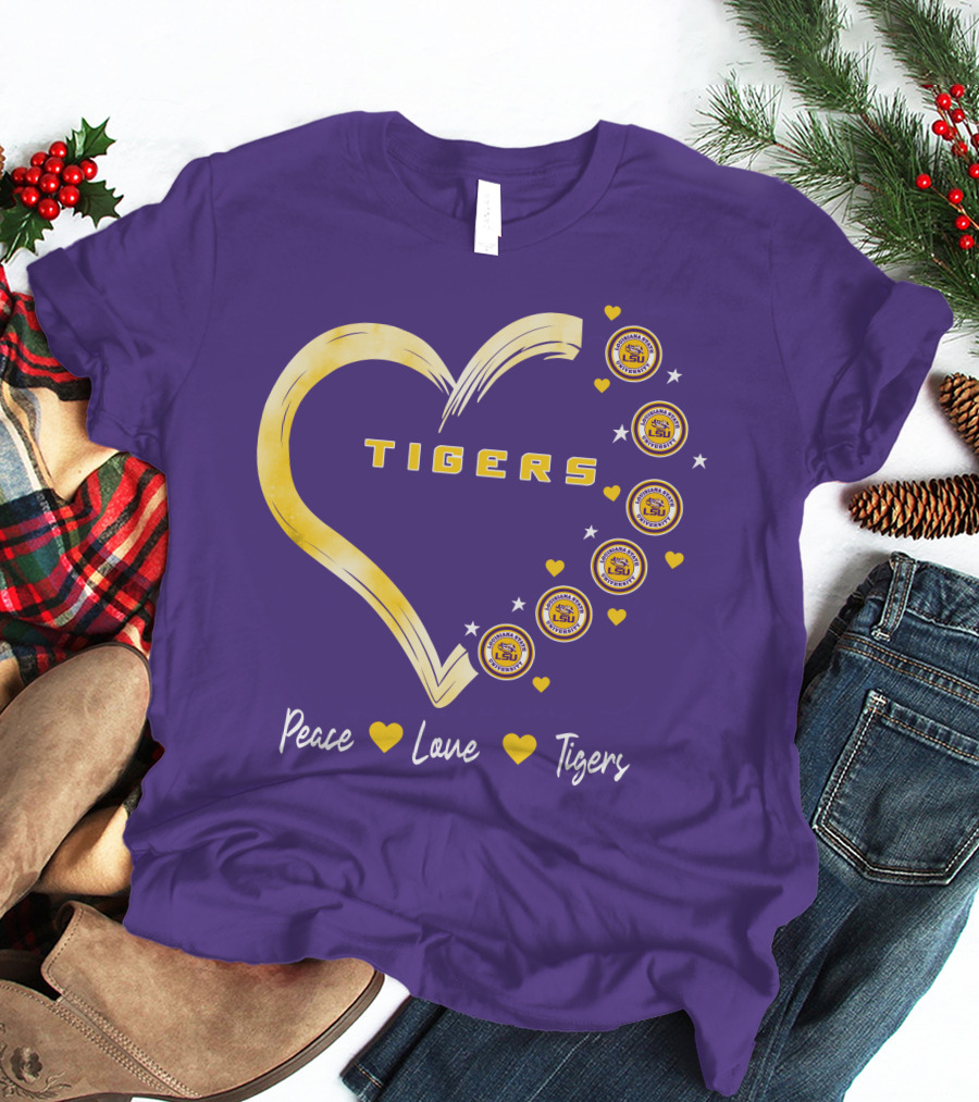 Peace Love LSU Tigers Heart Design With Logo Elements T-Shirt
