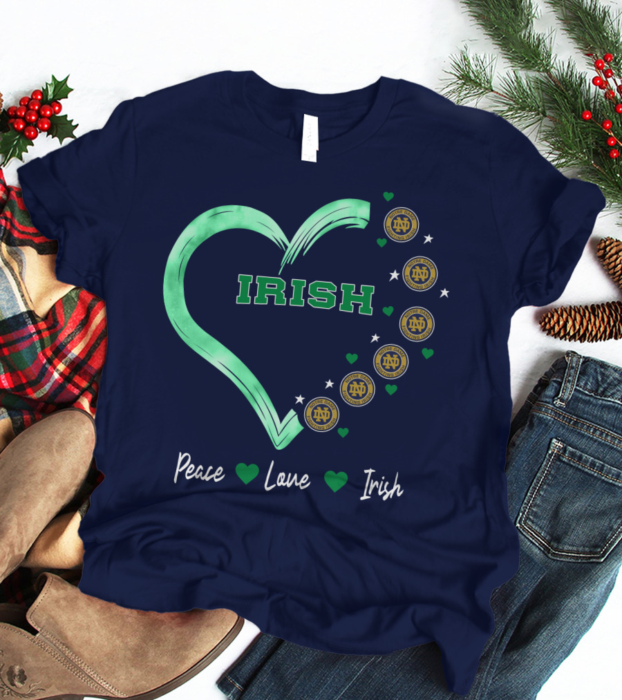 Peace Love Irish Notre Dame Fighting Irish Logos And Heart T-Shirt