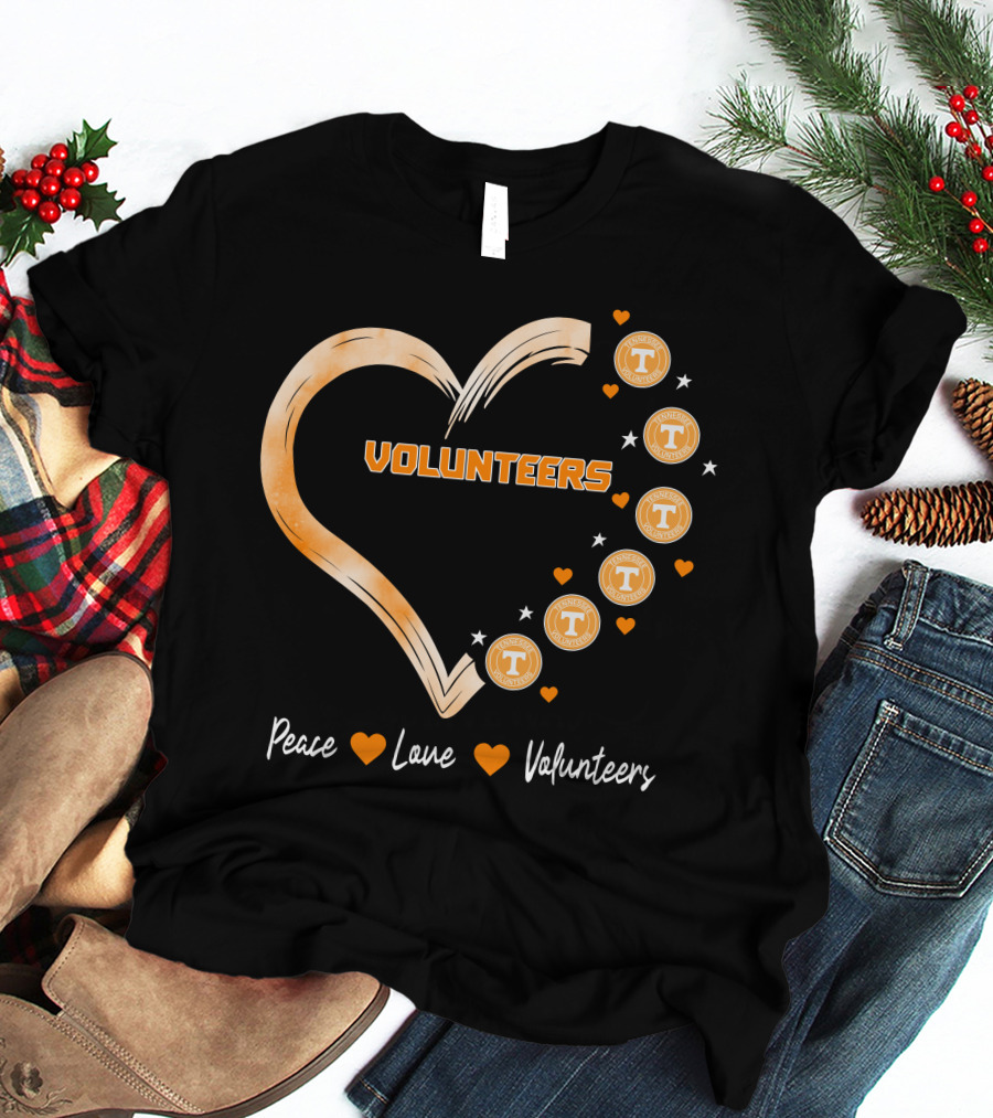 Peace Love Tennessee Volunteers Heart Shape With Stars T-Shirt