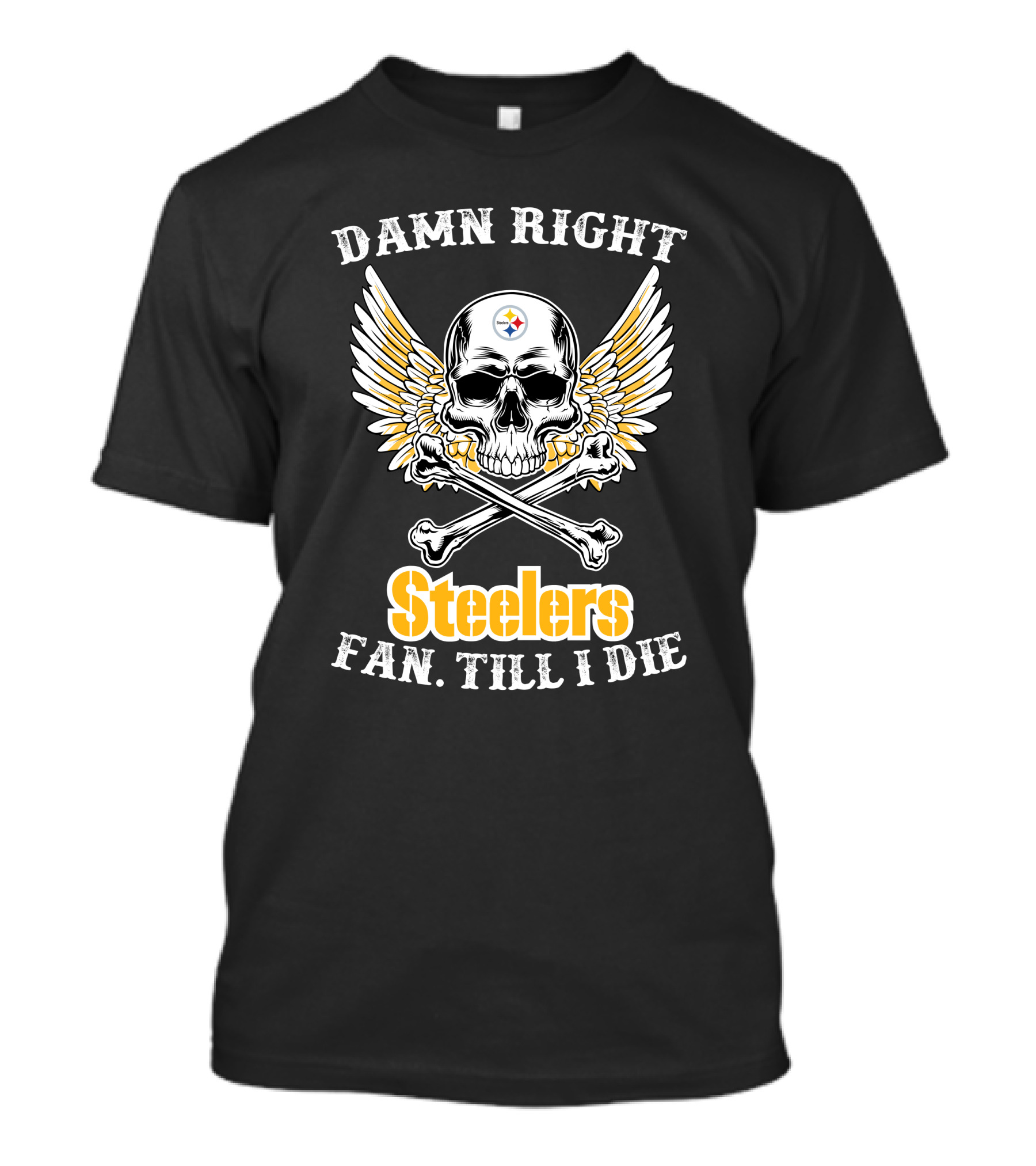 Damn Right Steelers Fan Till I Die Skull Wings Crossbones T-Shirt