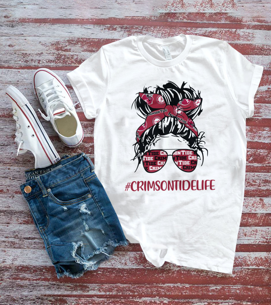 Crimson Tide Life Messy Bun Headband Glasses Alabama T-Shirt