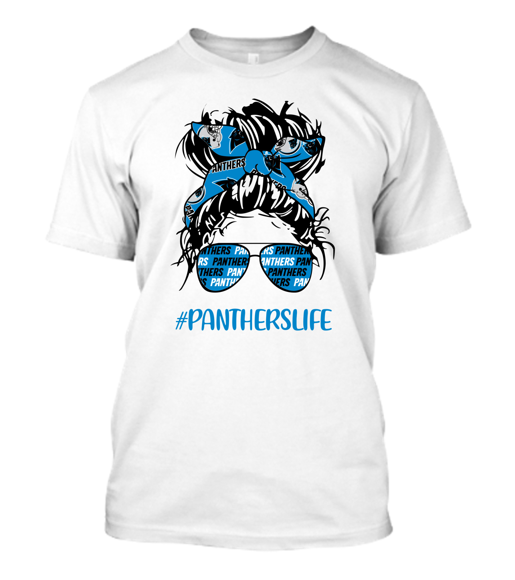 PanthersLife Messy Bun Girl With Panthers Headband And Glasses T-Shirt