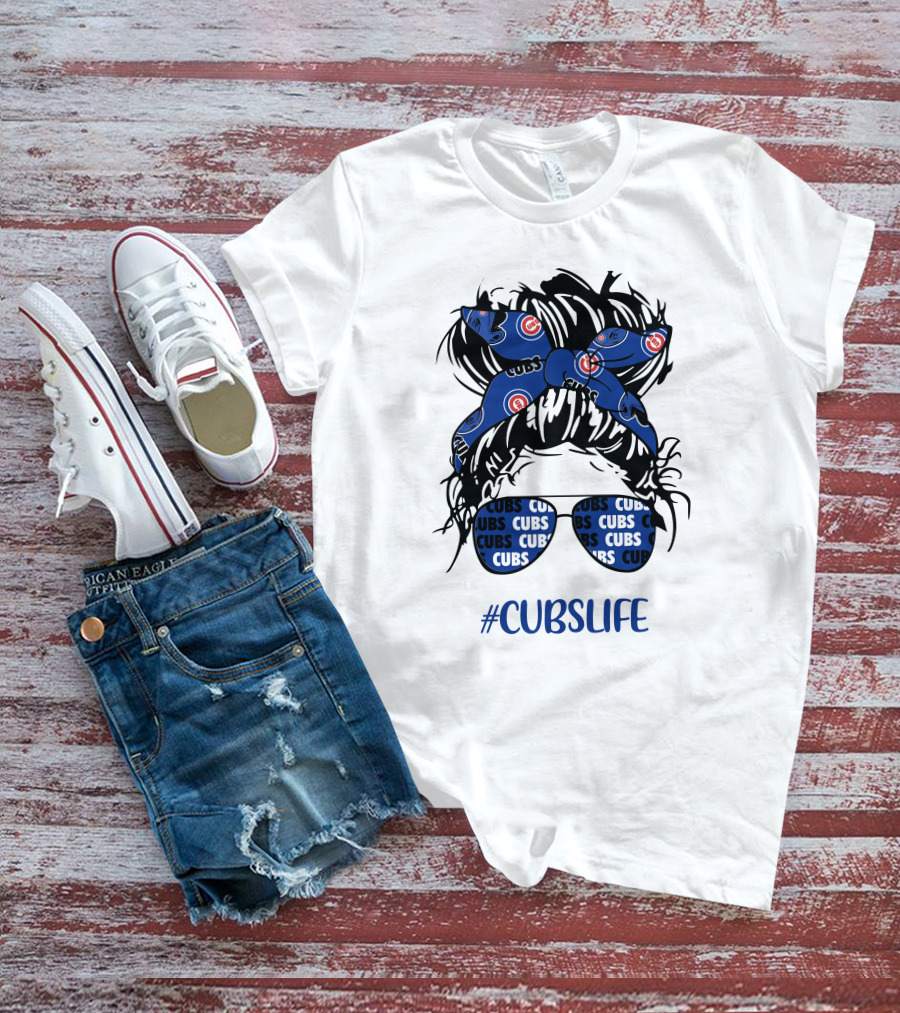 Chicago Cubs Messy Bun Girl Headband Glasses #CUBSLIFE T-Shirt