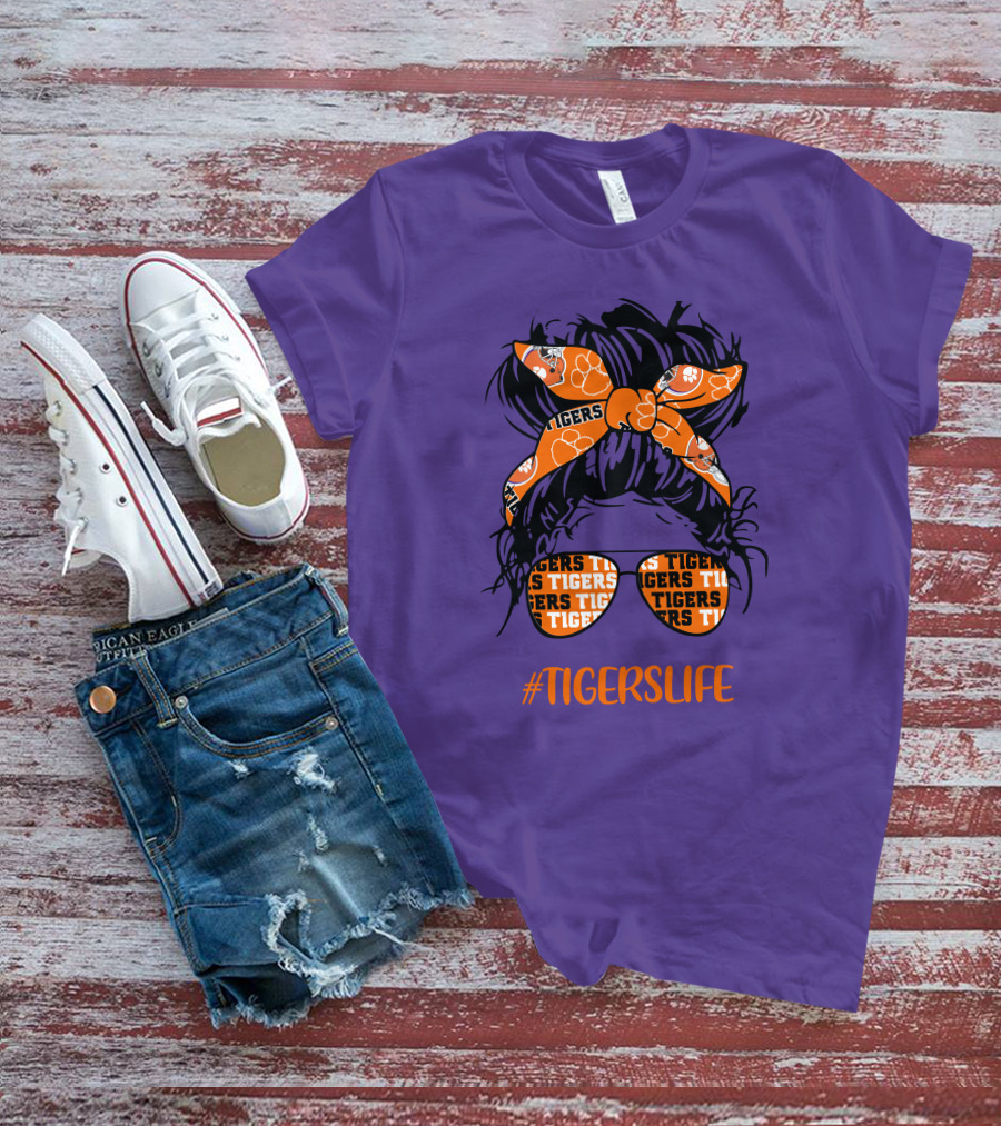 TigersLife Clemson Tigers Messy Bun Girl With Headband And Glasses T-Shirt