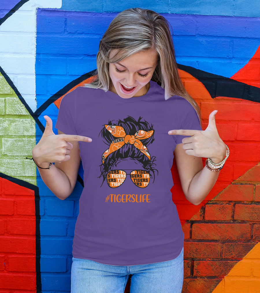 TigersLife Clemson Tigers Messy Bun Girl With Headband And Glasses T-Shirt