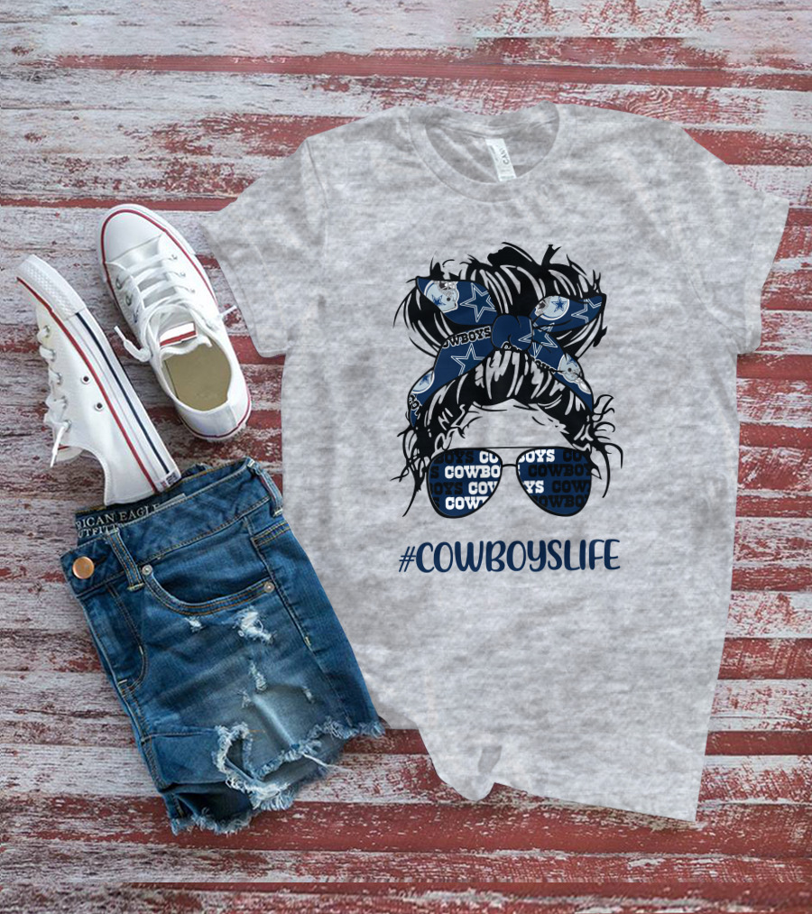 CowboysLife Messy Bun Girl Headband Glasses Dallas Cowboys T-Shirt