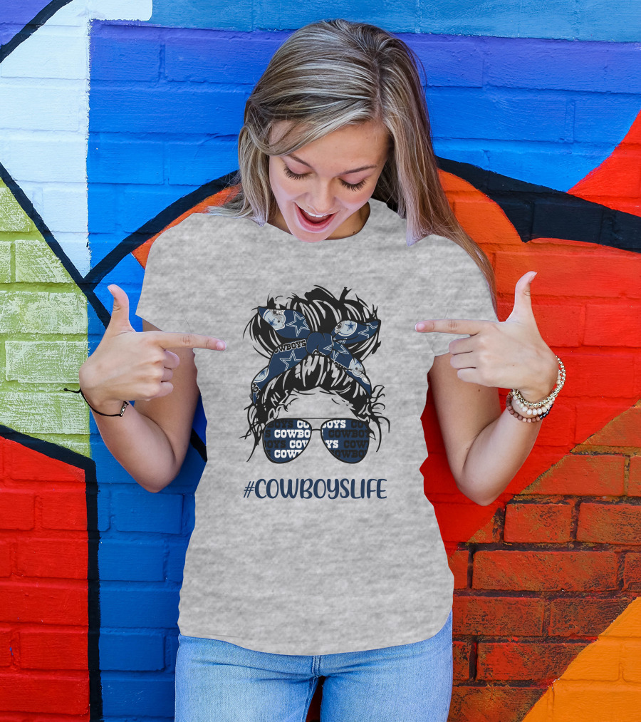 CowboysLife Messy Bun Girl Headband Glasses Dallas Cowboys T-Shirt