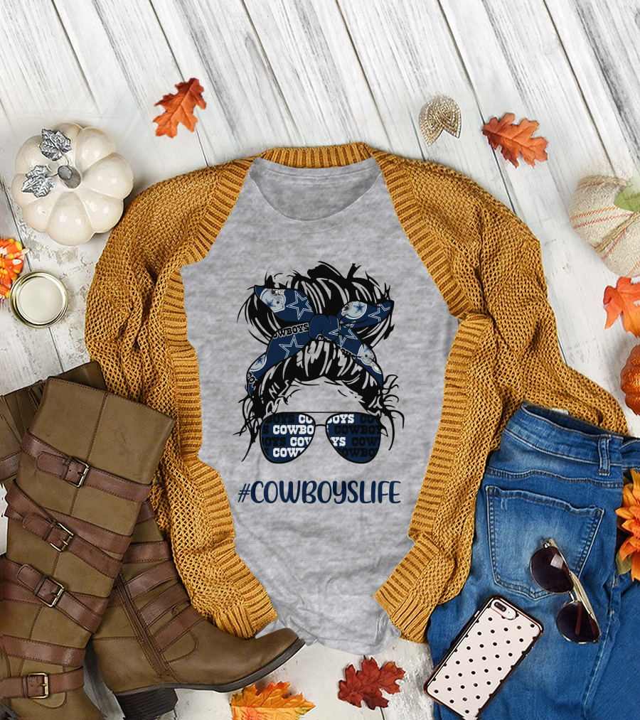 CowboysLife Messy Bun Girl Headband Glasses Dallas Cowboys T-Shirt