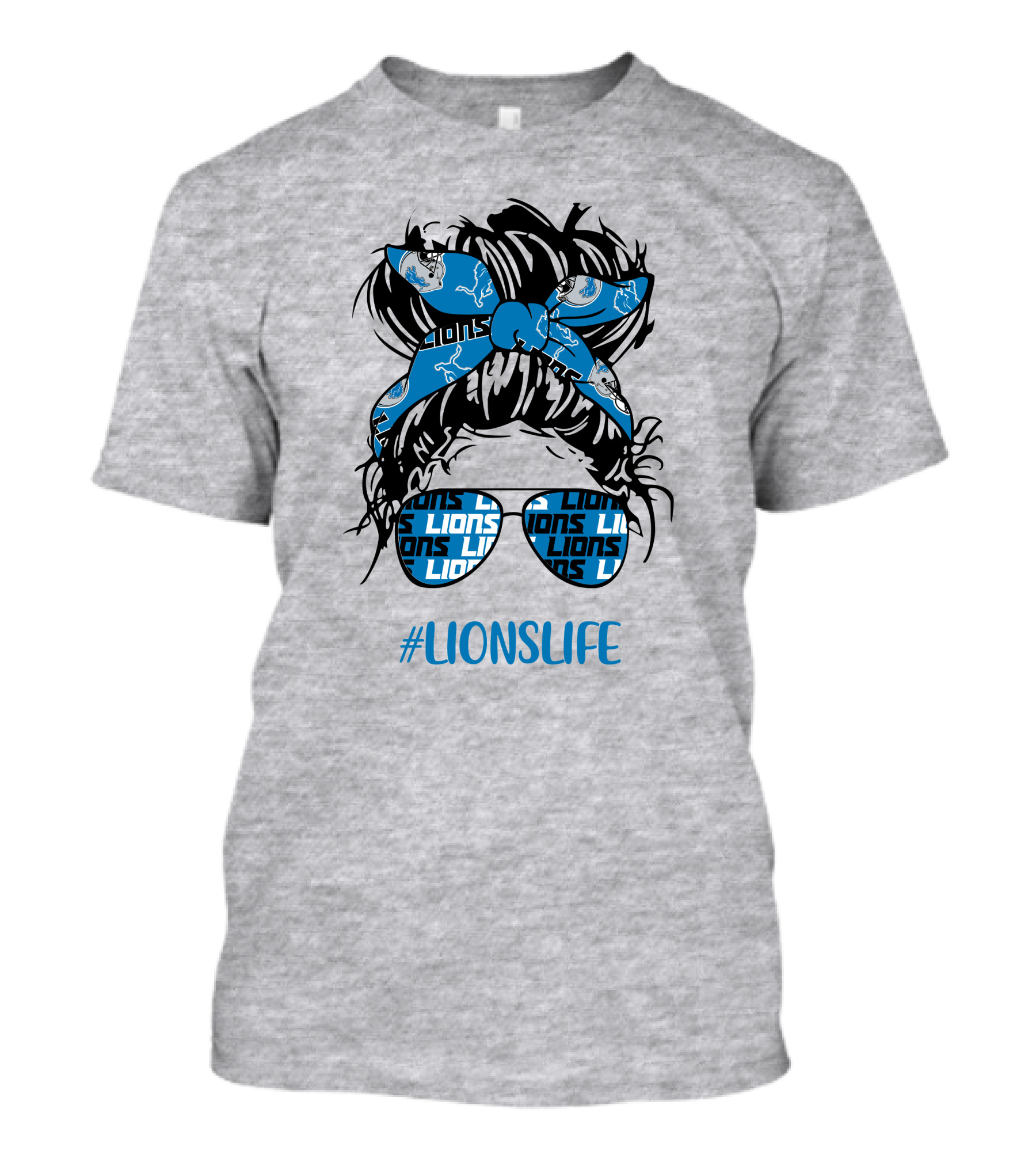 Detroit Lions Life Messy Bun Girl With Lions Headband And #LIONSLIFE Glasses T-Shirt
