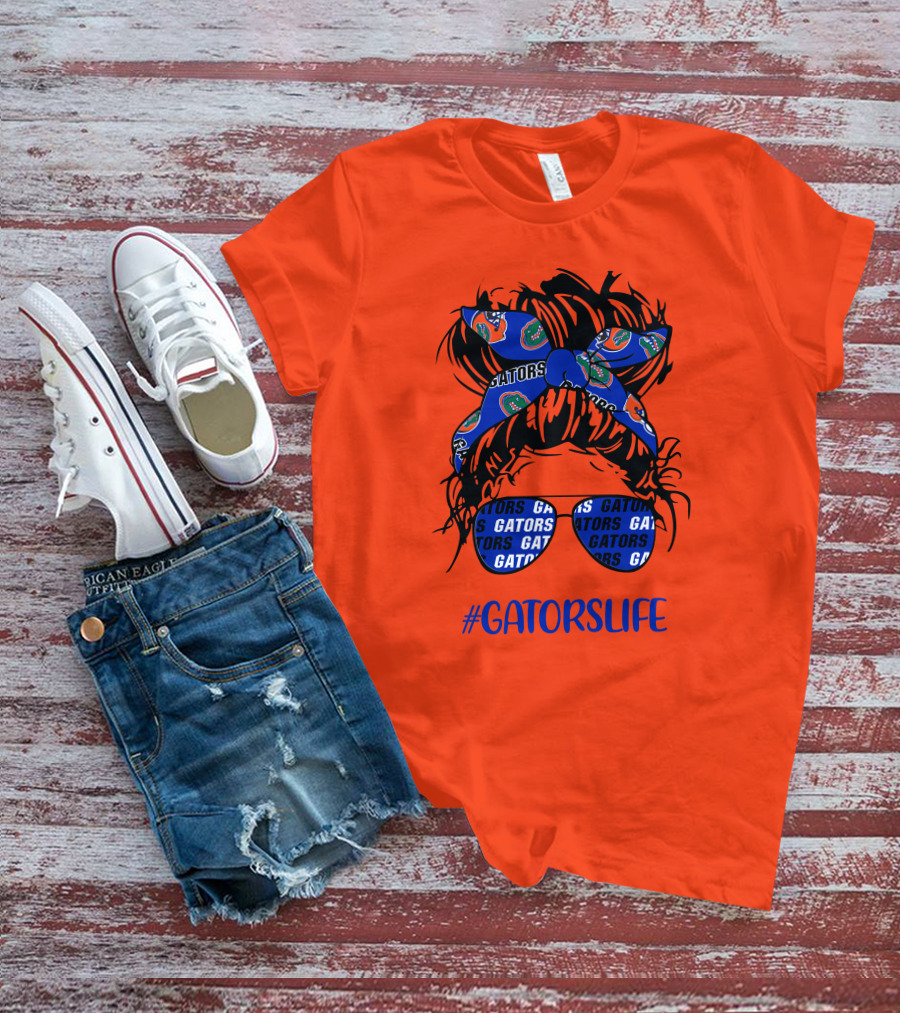 GATORS LIFE Messy Bun Girl With Gators Headband And Glasses T-Shirt