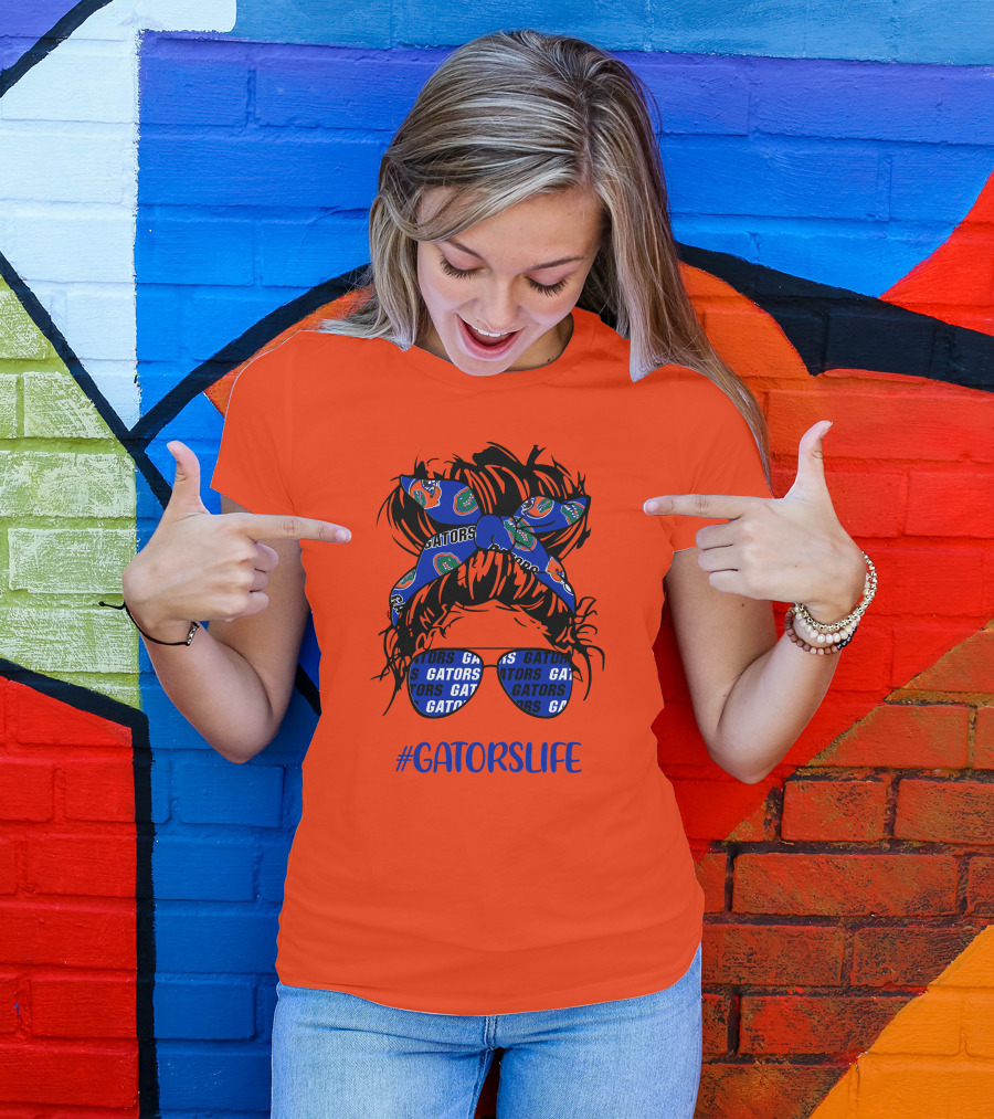 GATORS LIFE Messy Bun Girl With Gators Headband And Glasses T-Shirt