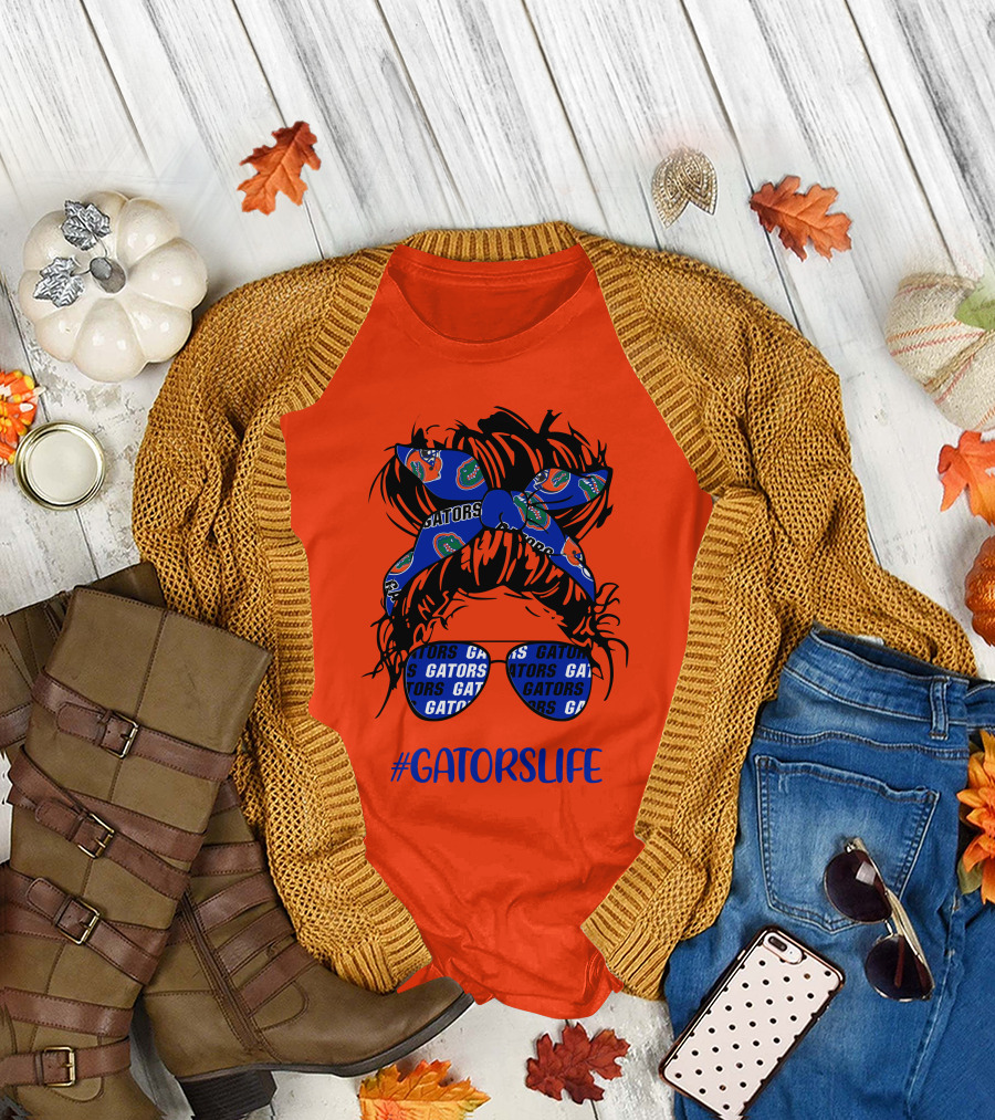GATORS LIFE Messy Bun Girl With Gators Headband And Glasses T-Shirt