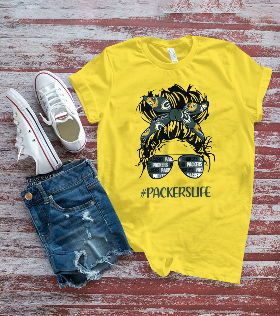 PACKERSLIFE Messy Bun Girl With Packers Headband And Glasses T-Shirt