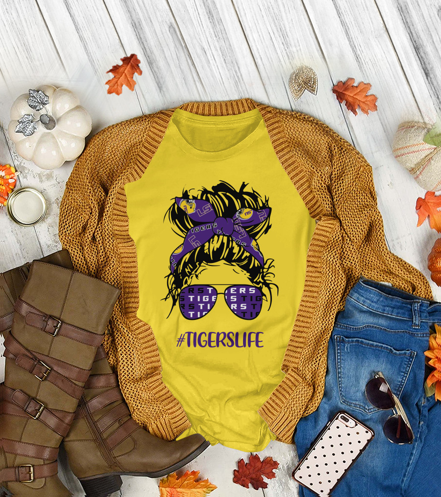 TIGERSLIFE LSU Messy Bun Girl Headband Glasses T-Shirt
