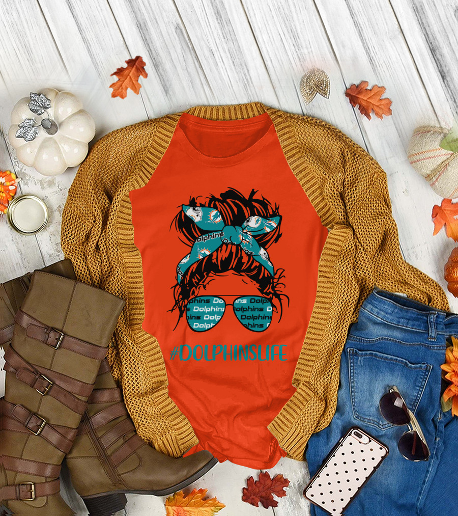 Miami Dolphins Life Messy Bun Girl Headband Glasses #DolphinsLife T-Shirt