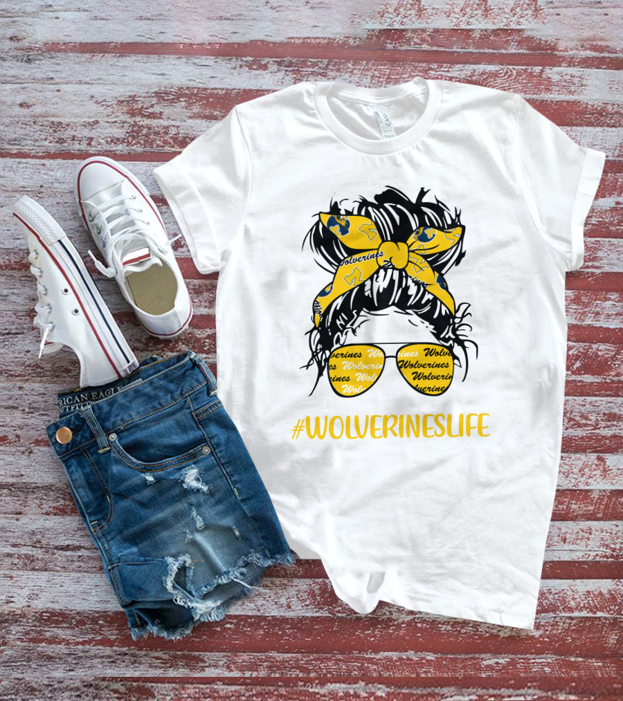 #Wolverineslife Messy Bun Girl With Headband And Glasses T-Shirt