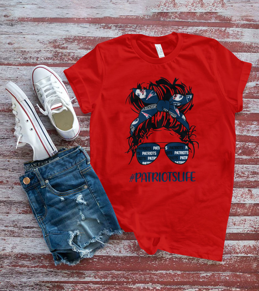 PATRIOTSLIFE New England Patriots Messy Bun Girl Headband Glasses T-Shirt