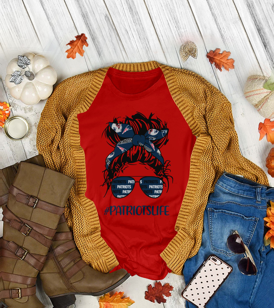 PATRIOTSLIFE New England Patriots Messy Bun Girl Headband Glasses T-Shirt