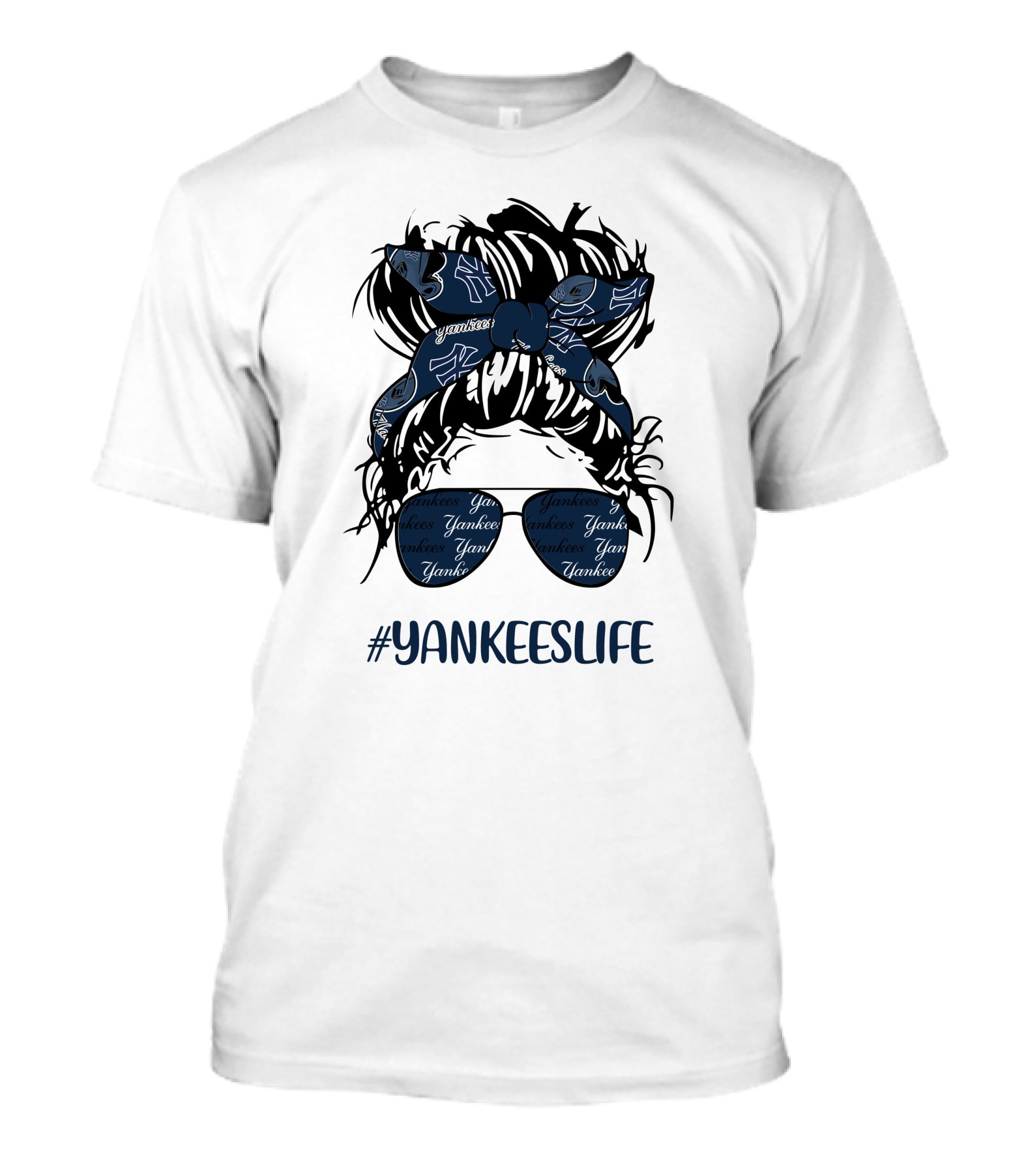 YANKEESLIFE Messy Bun Girl With Yankees Headband And Glasses T-Shirt