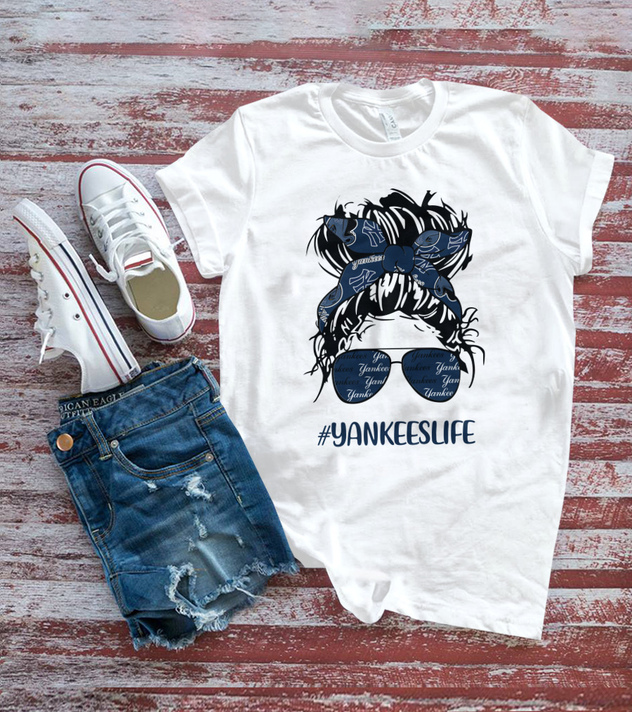 YANKEESLIFE Messy Bun Girl With Yankees Headband And Glasses T-Shirt