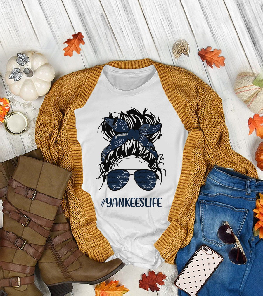 YANKEESLIFE Messy Bun Girl With Yankees Headband And Glasses T-Shirt