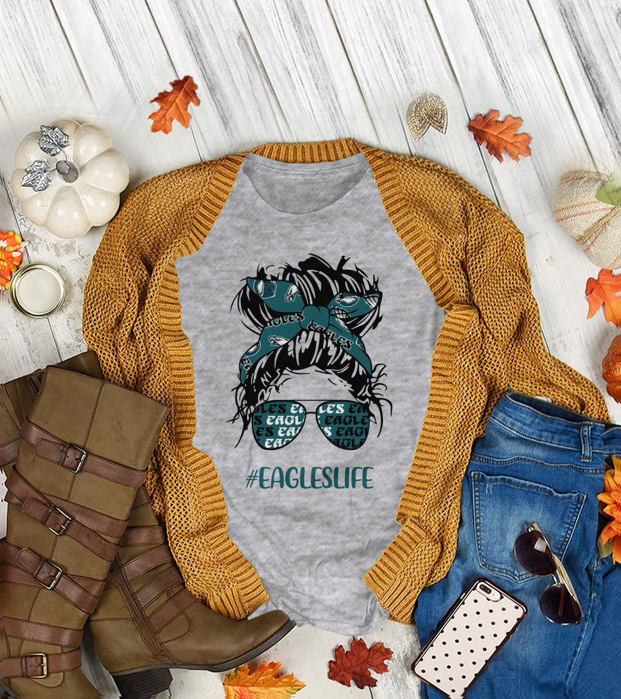 Philadelphia Eagles Life Hashtag Messy Bun Girl With Headband And Glasses T-Shirt